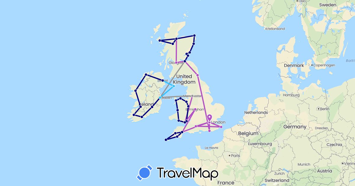 TravelMap itinerary: driving, plane, train, boat in United Kingdom, Ireland, Isle of Man (Europe)